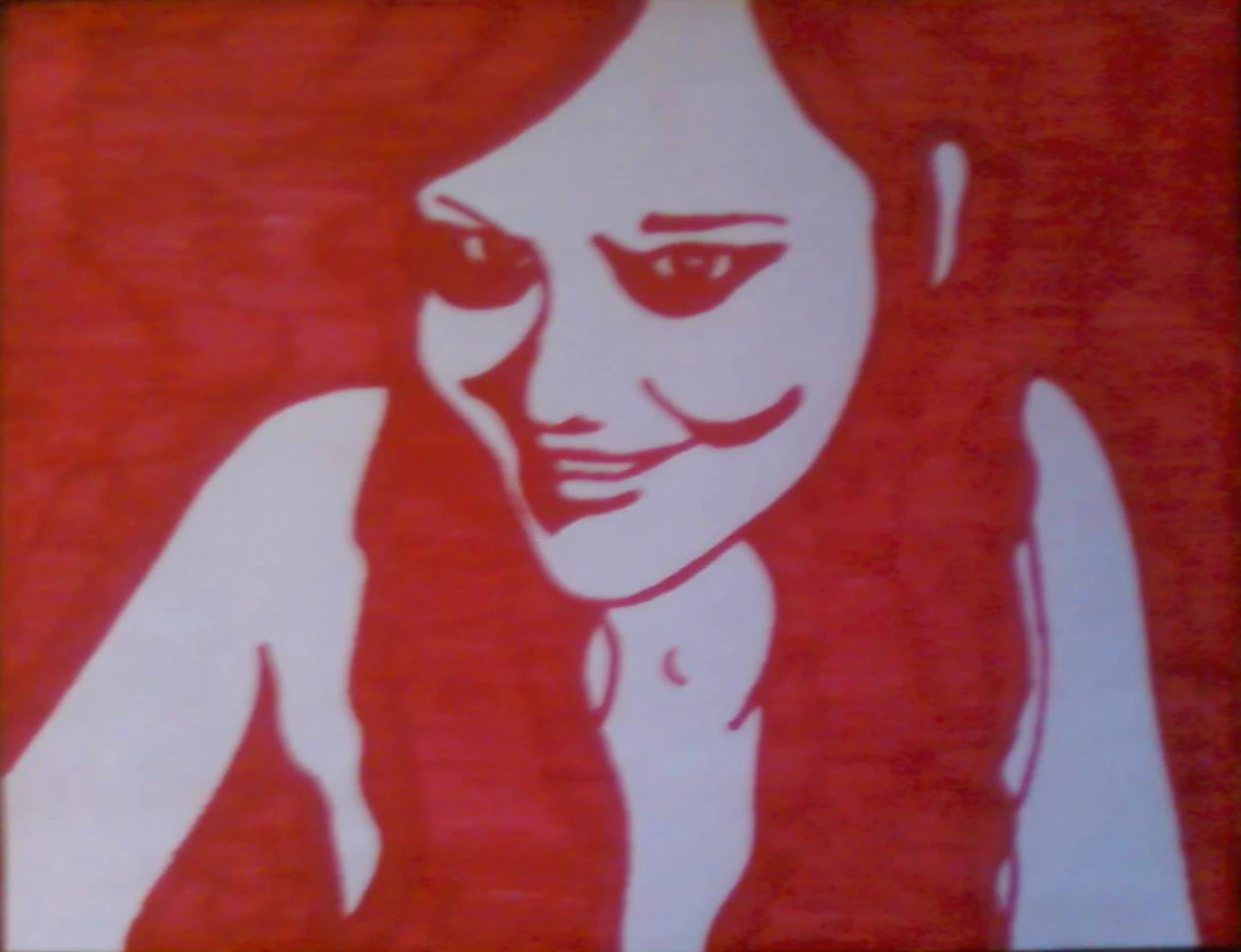 A monochrome portrait of rachel drawn entirely with red Sharpie markers.