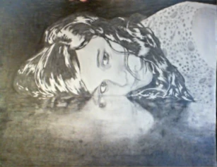 Pencil drawing of Rachel DeLonge and her reflection
