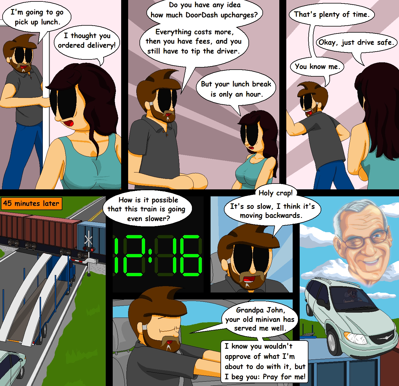 Webcomic: Kevin relies on the intercession of the saints to make it home in time to eat lunch.