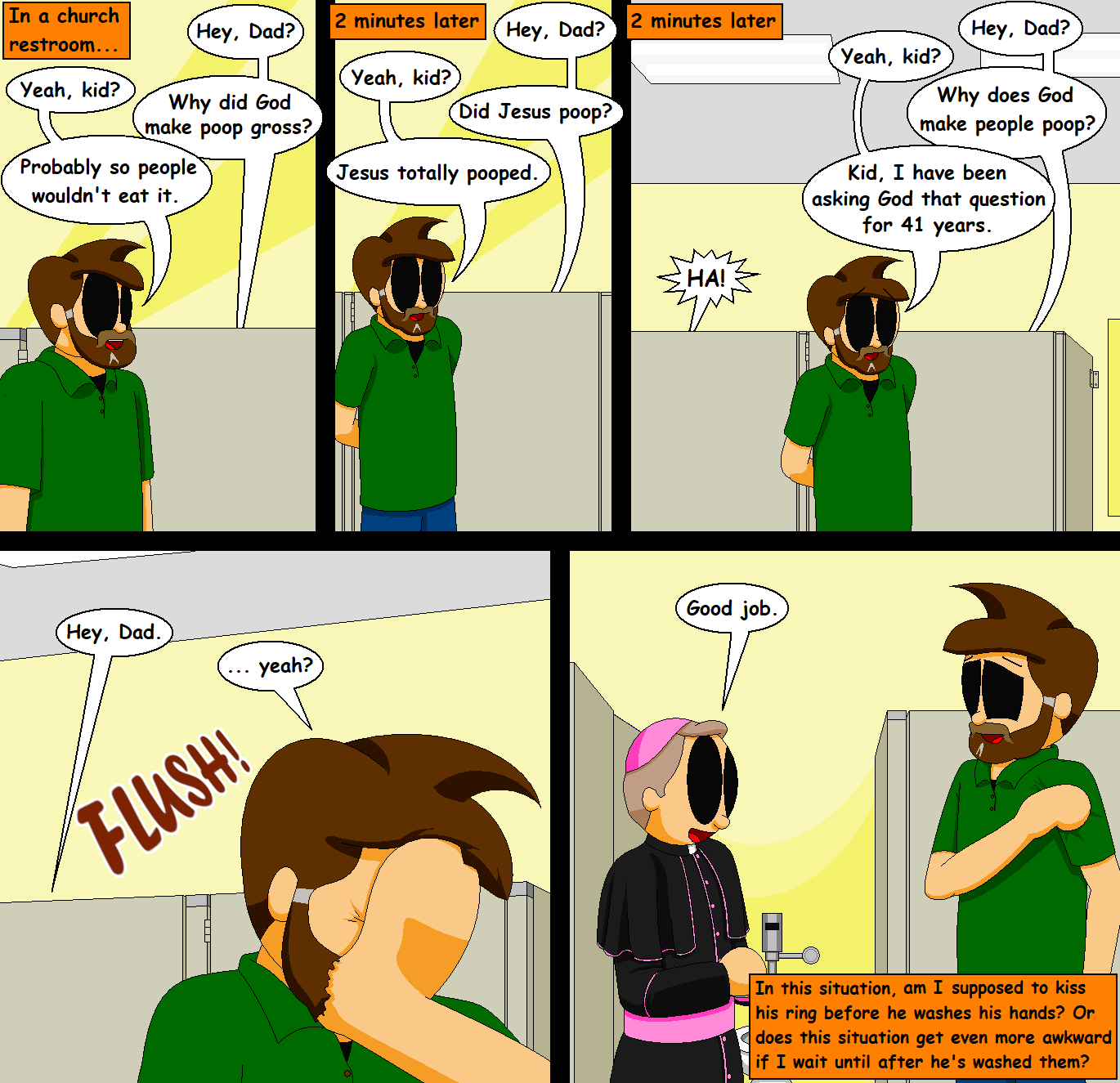 Webcomic: Kevin unintentionally provides a theology Q&A in a men's restroom at a nearby Catholic Church.
