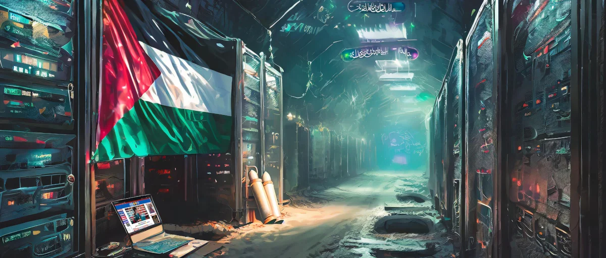 Palestinian tunnel with computers, bomb making materials, and a Palestinian flag (Created by KTracy.com AI Art Labs)