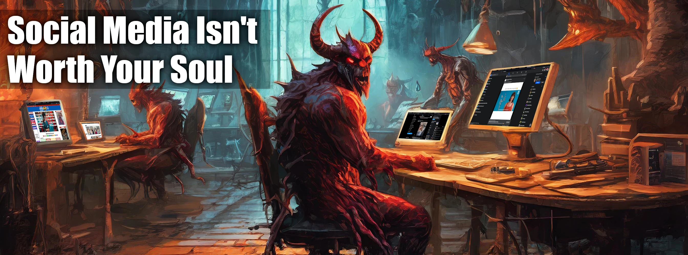 Art of demons using social media with the caption: Social Media Isn't Worth Your Soul.
