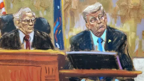 Courtroom drawing of Donald Trump on the witness stand.